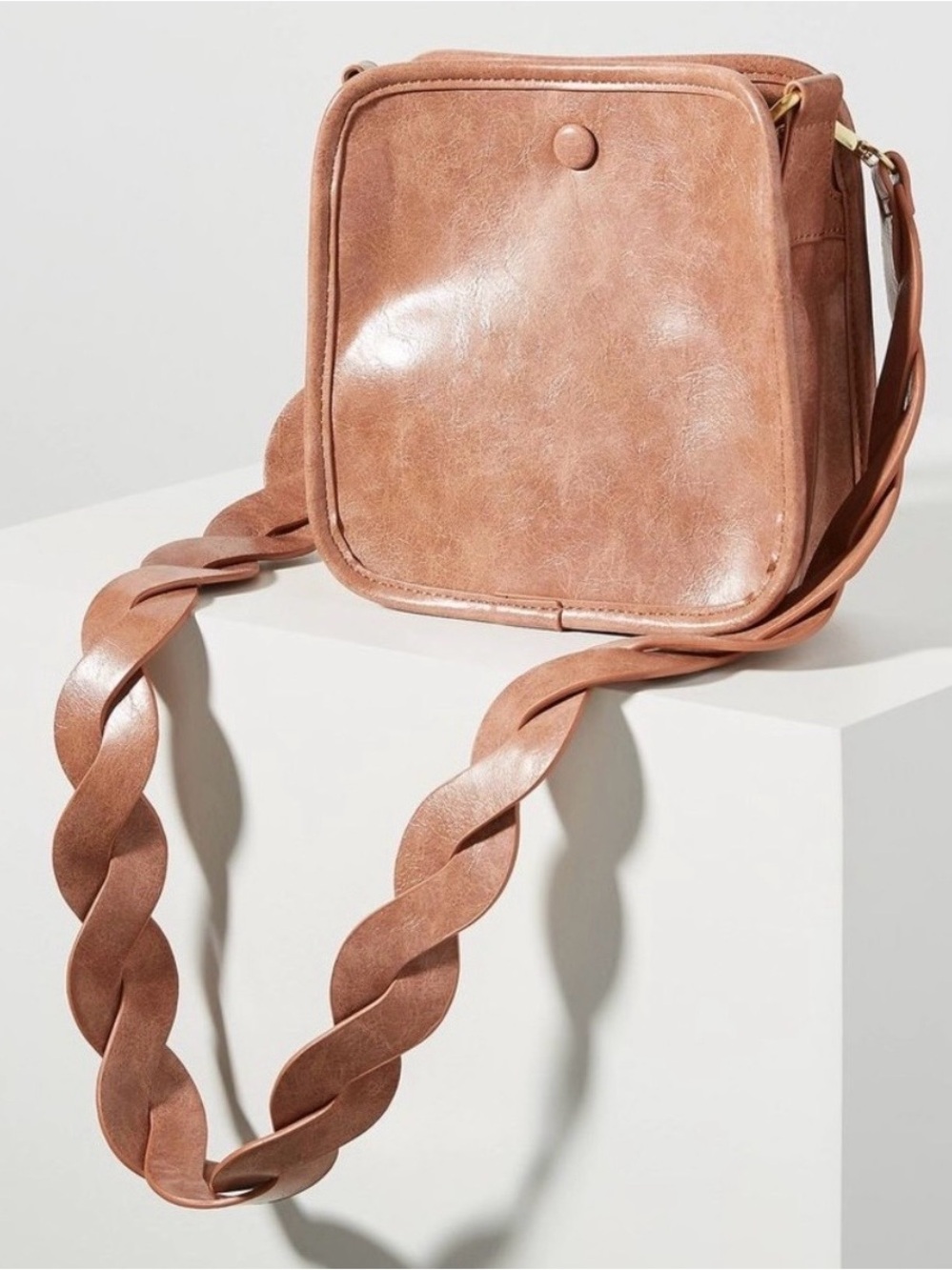 Anthropologie Bette Braided Strap Square Crossbody Bag - Tan
